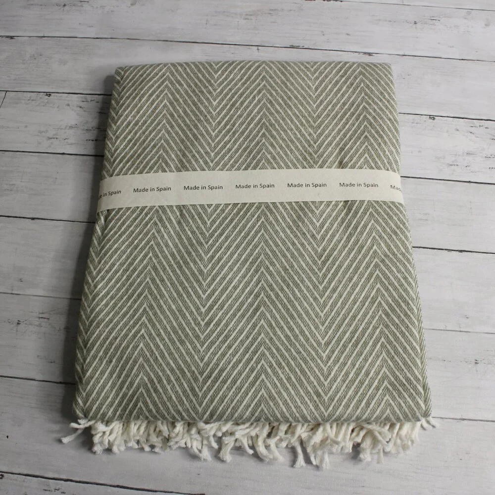 Made in Spain Throw Blanket Olive Green Cream Herringbone Fringe Cotton Blend